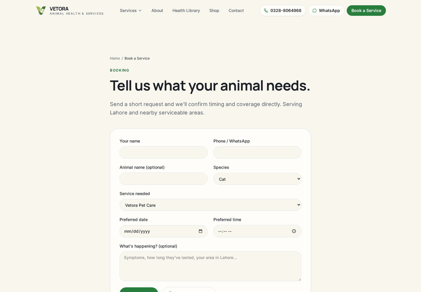 Vet'aura Animal Health & Services — Booking request flow